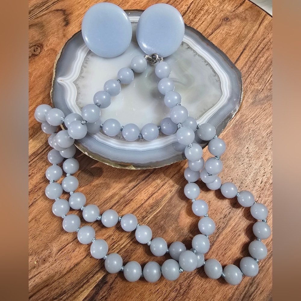 Trifari Blue Gray Bead Lucite Necklace & Round Post Earring Set